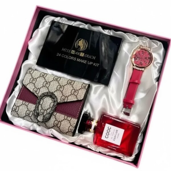 Luksuzni Poklon Set 4u1: Sat, Novčanik, Parfem i Šminka - Savršen za Dame!