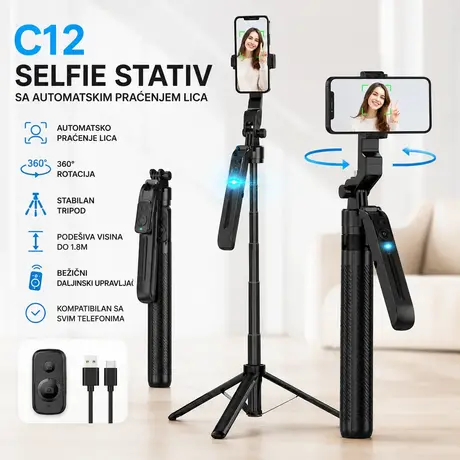 C12 Selfie Štap sa Tripodom 1.8M i Auto Face