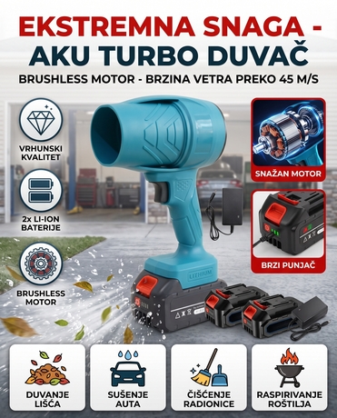Aku turbo jet duvač vazduha sa 2 litijumske baterije
