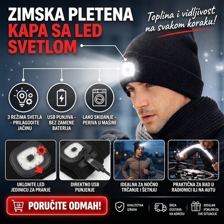 Zimska Pletena Kapa sa Punjivim LED Svetlom