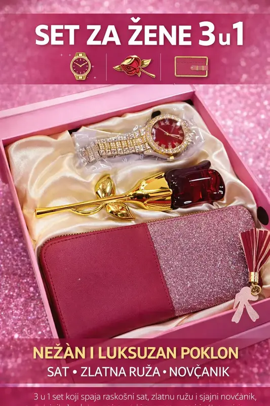 Set za žene 3 u 1 parfem ruža, sat i novčanik