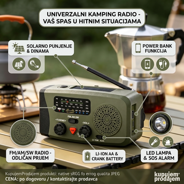 Solarni kamping radio sa ručnim dinamo punjenjem