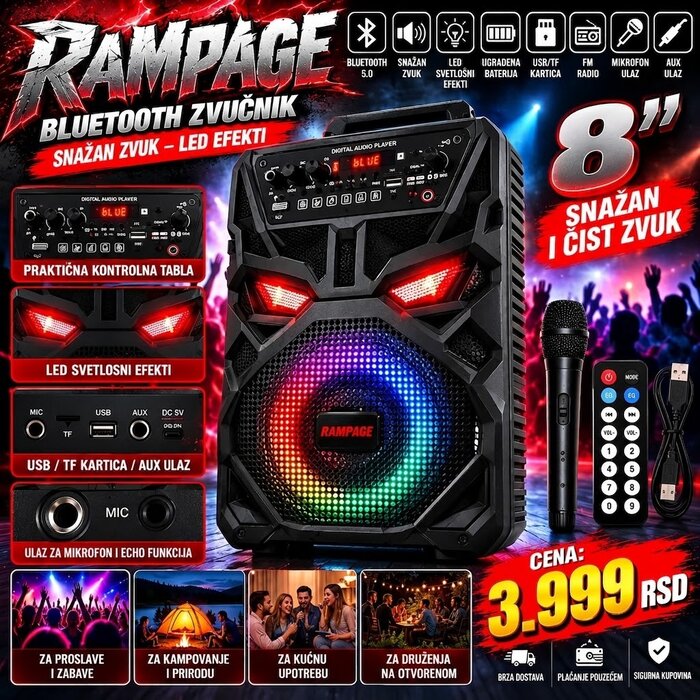 RAMPAGE 8" Bluetooth Zvučnik – Snažan Zvuk i LED Efekti